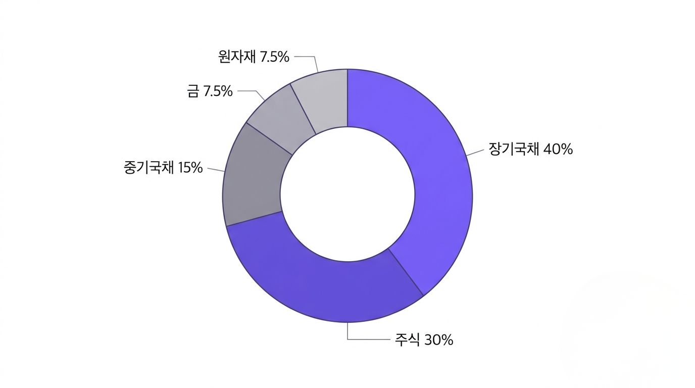 올웨더(올시즌) 개인용 예시 비중을 보여주는 도넛 차트, 장기국채 40%, 주식 30%, 중기국채 15%, 금 7.5%, 원자재 7.5%