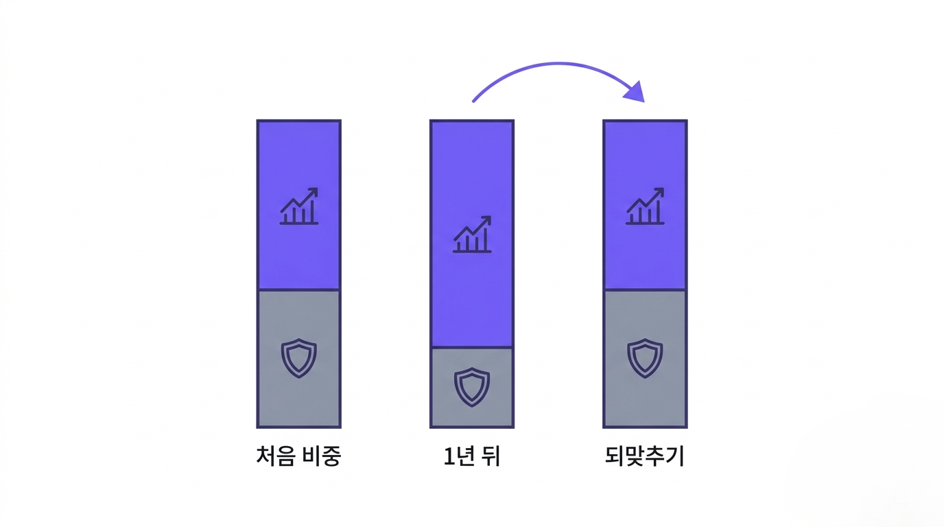 시간이 지나며 목표 비중에서 벗어난 포트폴리오를 리밸런싱으로 원래 비중에 되맞추는 과정을 보여주는 개념도