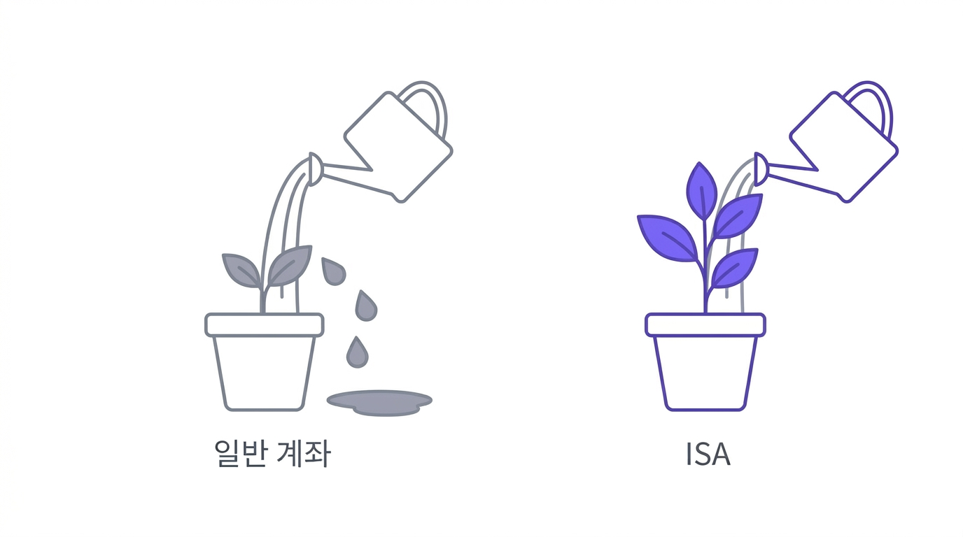 같은 양의 물을 주는데 일반 계좌 쪽은 중간에 물이 새어 화분 밖 바닥에 고이고, ISA 쪽은 전부 화분에 들어가는 모습을 비교한 개념도