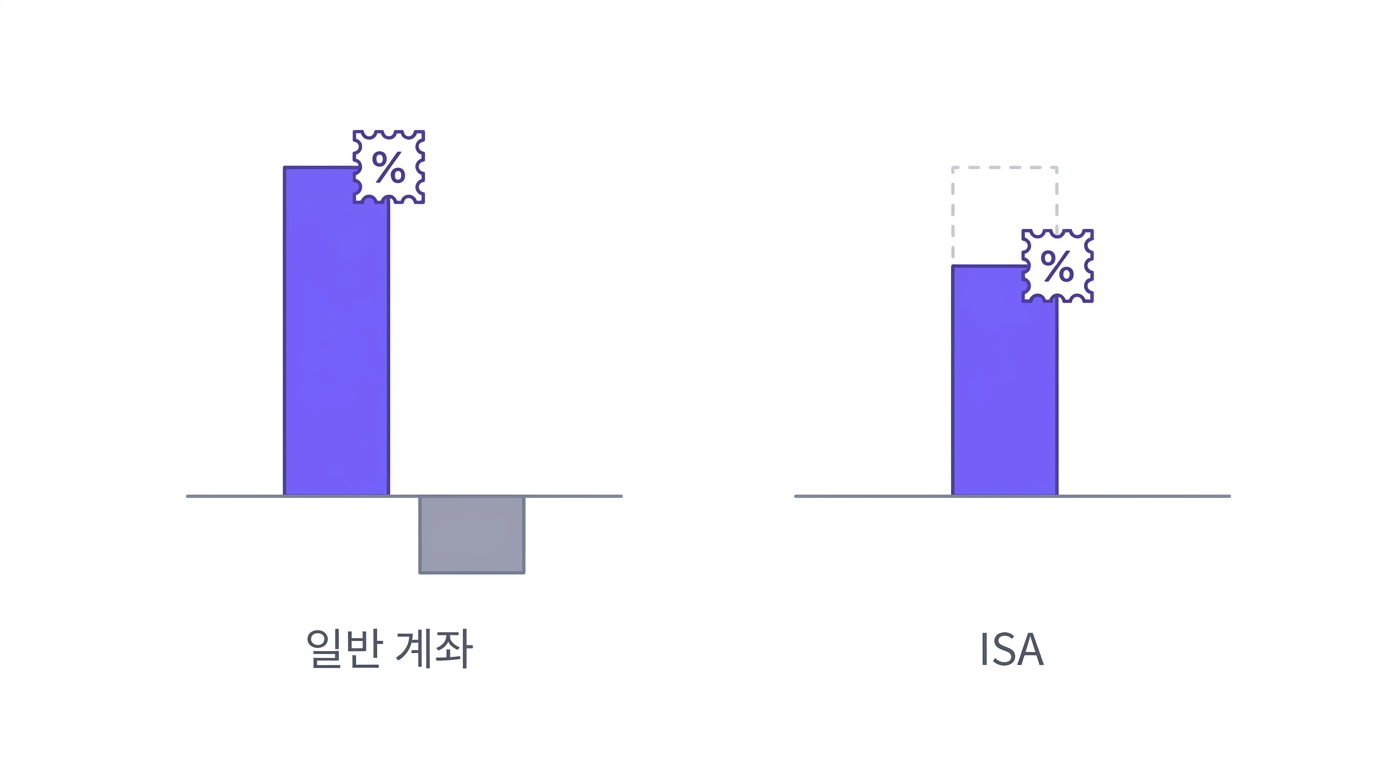 일반 계좌는 이익에만 세금이 붙고, ISA는 이익과 손실을 합친 순이익에 세금이 붙는 구조를 비교한 개념도