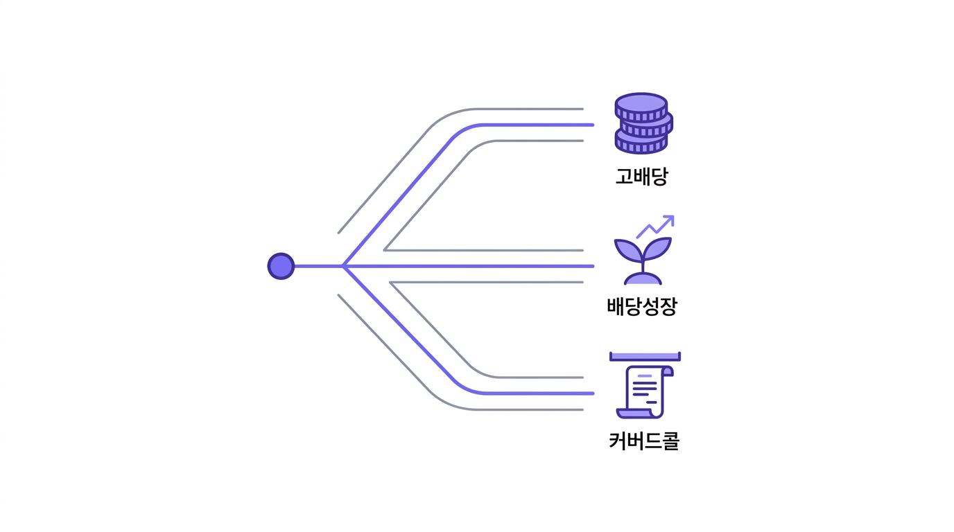 하나의 출발점에서 고배당, 배당성장, 커버드콜 세 갈래로 갈라지는 길과 각 끝의 동전더미, 자라는 새싹, 상한선 있는 증권 아이콘
