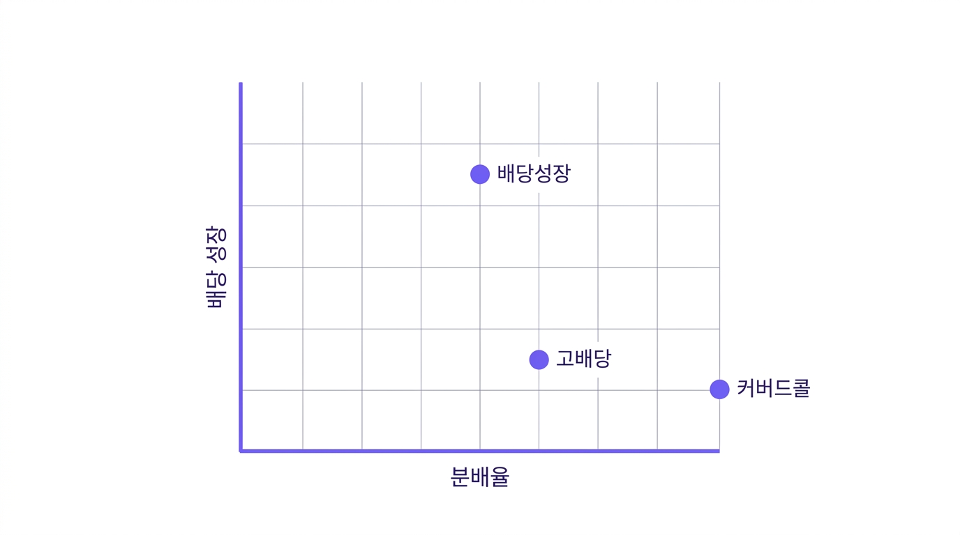 가로축 분배율, 세로축 배당 성장의 2축 위에 고배당(오른쪽 아래), 배당성장(가운데 위), 커버드콜(맨 오른쪽 아래) 세 점을 찍어 세 유형의 자리를 한눈에 비교한 개념도