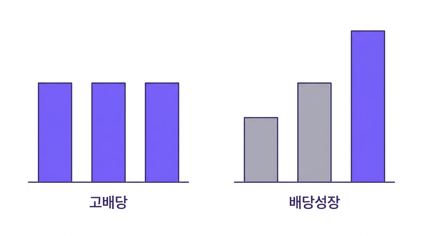 왼쪽은 높지만 평평한 막대(고배당), 오른쪽은 낮게 시작해 단계별로 우상향하는 막대(배당성장)를 비교한 개념도