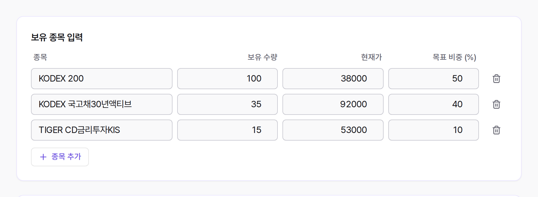 어림 리밸런싱 도구의 '보유 종목 입력' 화면. 보유 자산의 종목명과 보유 수량, 현재가, 그리고 자산별 목표 비중(%)을 입력하는 표가 보이는 모습.