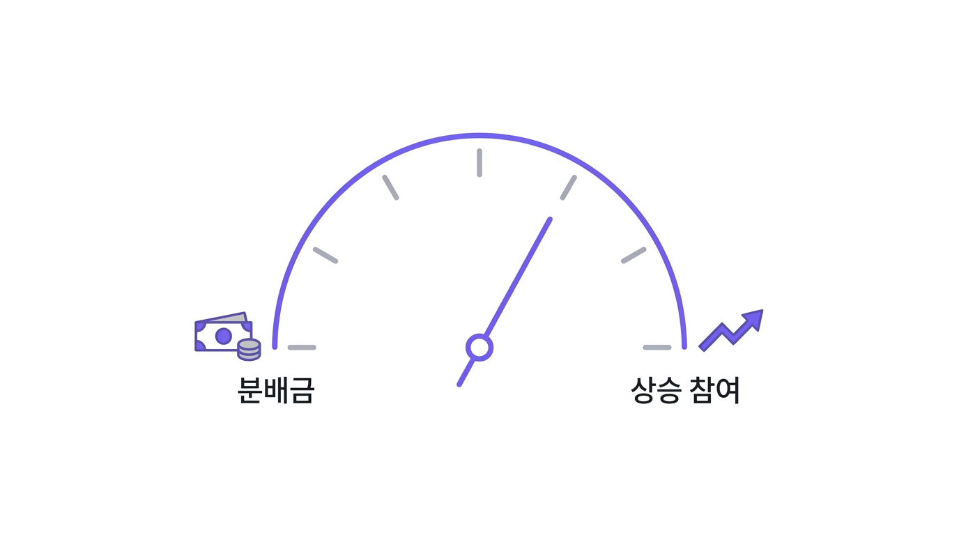 분배금과 상승 참여 사이에서 바늘이 중간을 가리키는 반원형 다이얼 도식