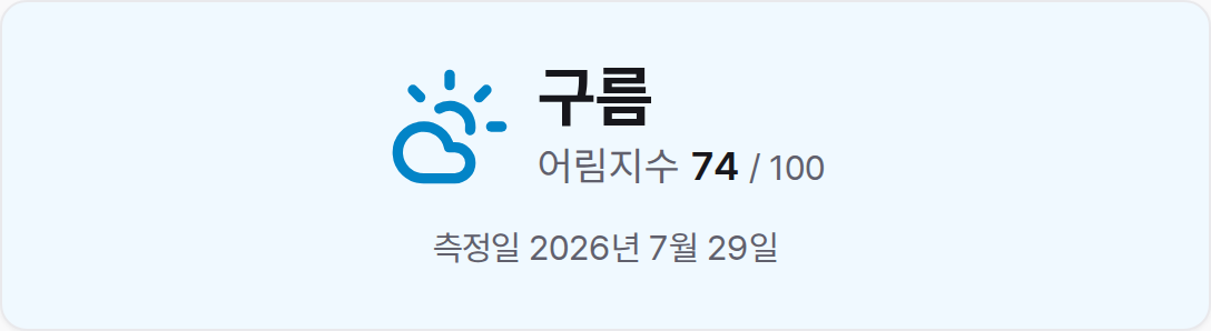 재정 기상도 결과 화면. 날씨 아이콘과 텍스트 라벨, 0에서 100 사이의 어림지수, 측정일이 함께 표시된 모습.